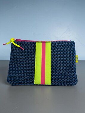 Ipsy Neon Trim Mesh Zipper Pouch Navy Blue With Pink & Yellow Accents